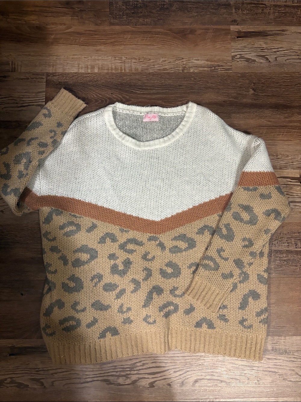 Pink Lily White, Tan & Gray Leopard-Print Chevron Sweater